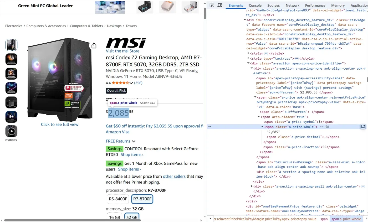 Amazon product page with Chrome DevTools open, the price highlighted inside a span with class a-price-whole