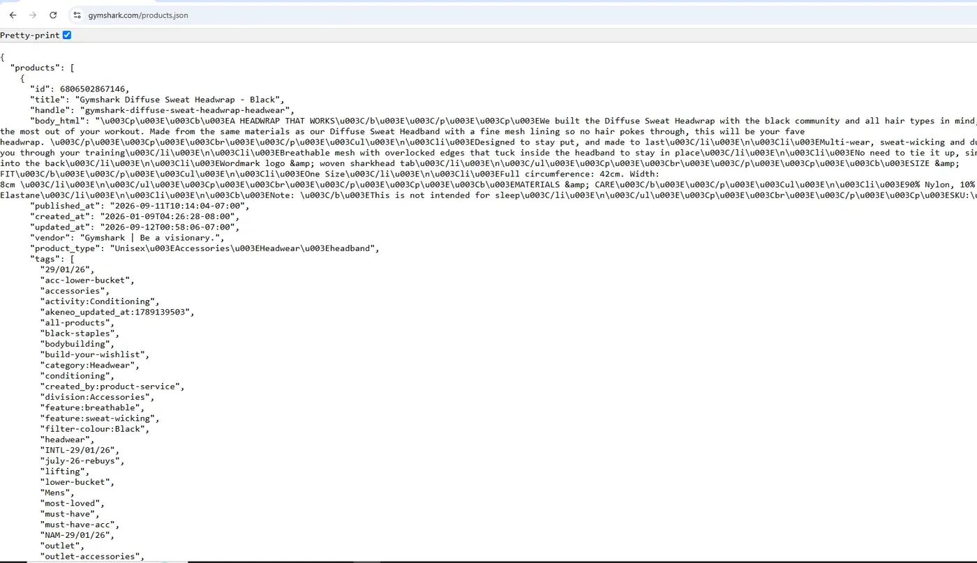 A Shopify store's /products.json endpoint open in a browser, returning the product catalog as JSON